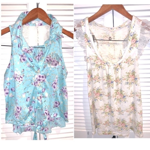 Vintage Romantic Floral blouses Blue and Ivory Small/Medium - Picture 1 of 16